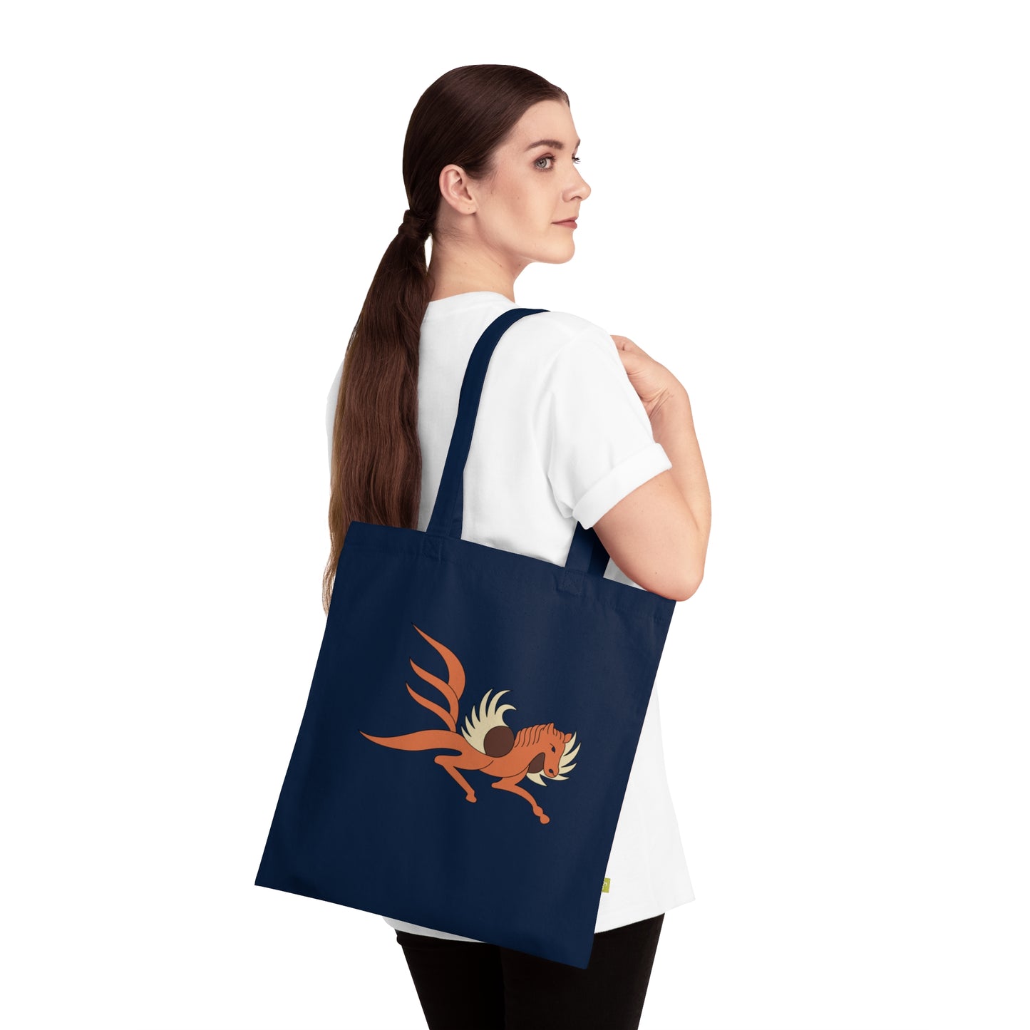 Artistic Organic Cotton Tote Bag with Flying Horse & Floral Designs